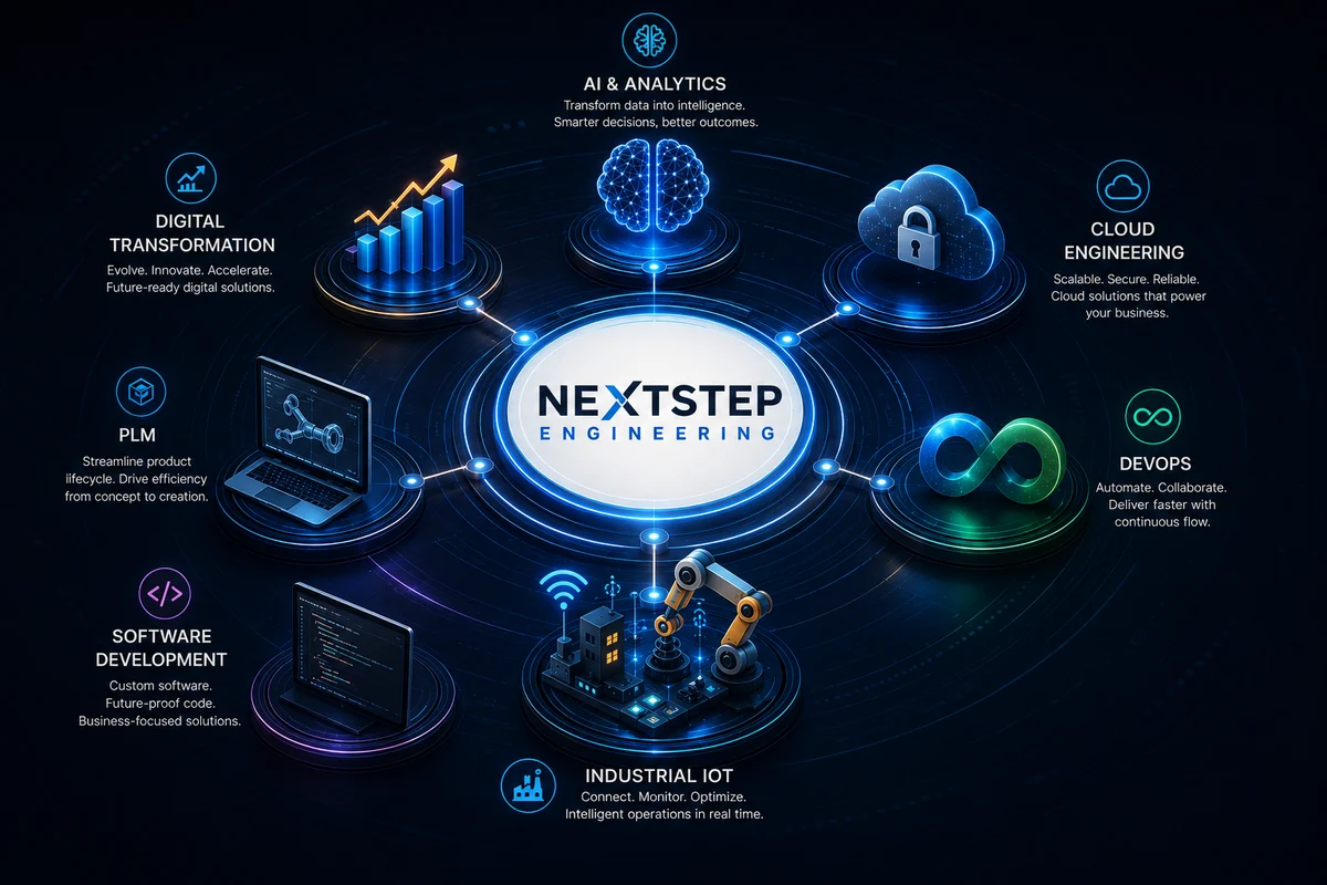 NextStep capability diagram: AI & Analytics, Cloud Engineering, DevOps, Industrial IoT, Software Development, PLM, Digital Transformation